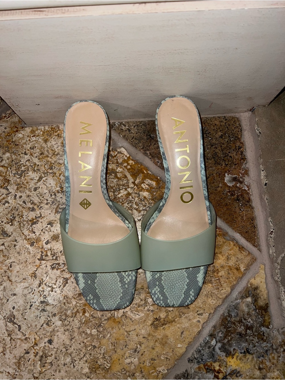 Antonio Melani Sage Green Snake Print Lucite Heel Mules 9.5M